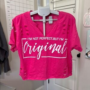 On Fire Pink Crop Tee with Crew Neck and Cut Out Design